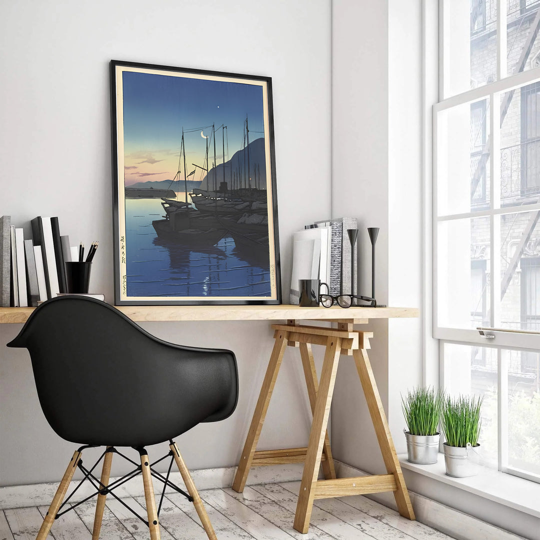 Kawase Hasui museum exhibition poster Morning in Beppu by artist Kawase Hasui featuring fishing boats and mountain silhouettes at Morning in Beppu. MapYourDreams features high-quality framed, unframed, and stretched canvas print choices.