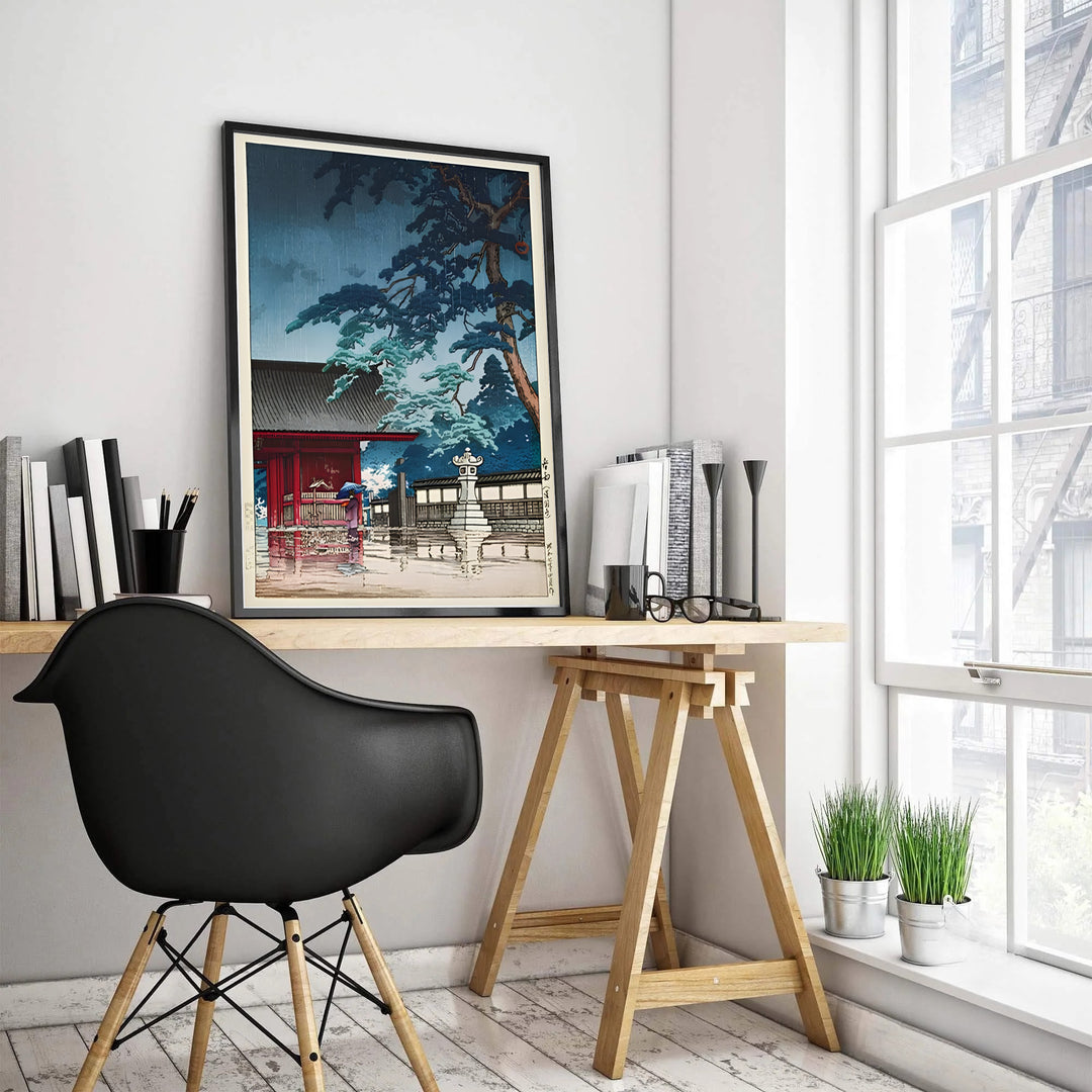 Kawase Hasui museum exhibition poster Spring Rain Gokokuji Temple by artist Kawase Hasui featuring blue umbrella reflections at Spring Rain Gokokuji Temple. MapYourDreams features high-quality framed, unframed, and stretched canvas print choices.