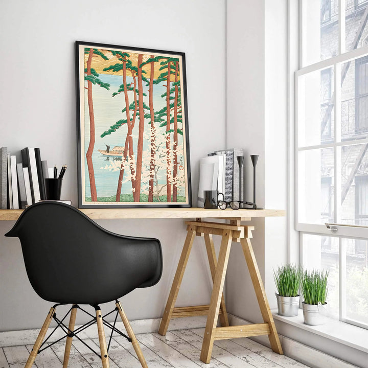 Kawase Hasui museum exhibition poster Spring at Arashiyama Kyoto by artist Kawase Hasui featuring golden hills and pine trunks at Spring at Arashiyama Kyoto. MapYourDreams features high-quality framed, unframed, and stretched canvas print choices.