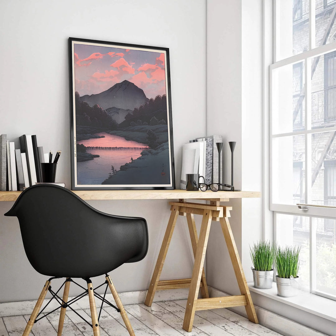 Kawase Hasui museum exhibition poster Sunset at Oirase by artist Kawase Hasui featuring pink cloud reflections on river waters at Sunset at Oirase. MapYourDreams features high-quality framed, unframed, and stretched canvas print choices.