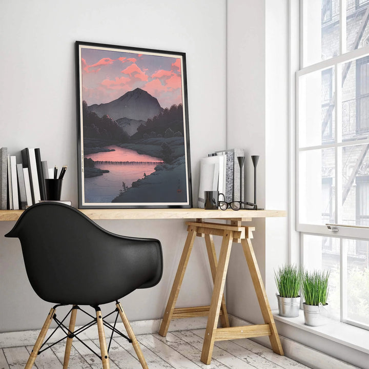 Kawase Hasui museum exhibition poster Sunset at Oirase by artist Kawase Hasui featuring pink cloud reflections on river waters at Sunset at Oirase. MapYourDreams features high-quality framed, unframed, and stretched canvas print choices.