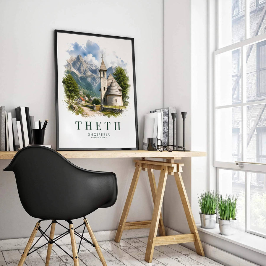 Translucent green watercolor washes illustrate the pine forests and alpine valley of Theth National Park in Albania, accented by elegant cartographic text below. MapYourDreams offers this piece printed on archival stock with options for custom frames or canvas wraps.
