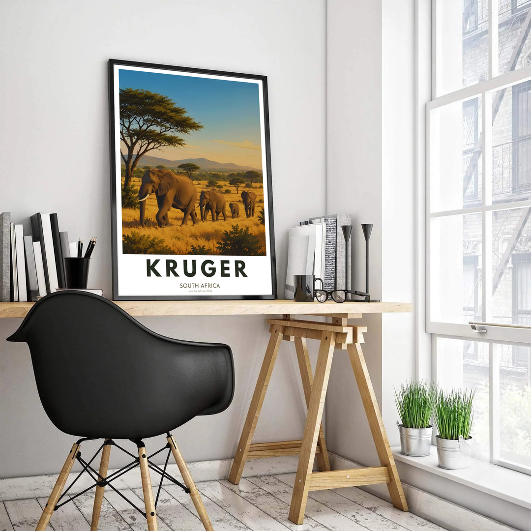 Travel art poster of Kruger National Park featuring bold typography, wild elephants, and distant mountain range silhouettes. Offered by MapYourDreams, this artwork is available in flexible options including unframed paper, custom wooden frames, and gallery canvas for easy gallery wall styling.