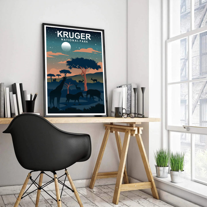 Elegant African travel poster of Kruger National Park showing starry sky gradients, a luminous full moon, and quiet savanna animals. Offered by MapYourDreams, this artwork is available in flexible options including unframed paper, custom wooden frames, and gallery canvas wraps for tailored home wall decor setups.
