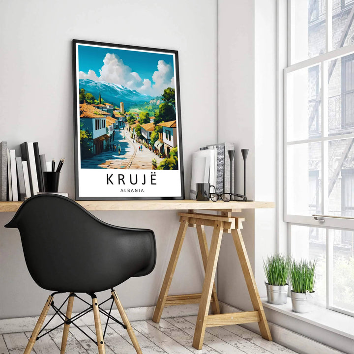 Puffy white cumulus clouds drift over the majestic mountain backdrop of Krujë Albania, accented by bold sans-serif typography reading Krujë Albania below. MapYourDreams offers this piece printed on archival stock with options for custom frames or canvas wraps.