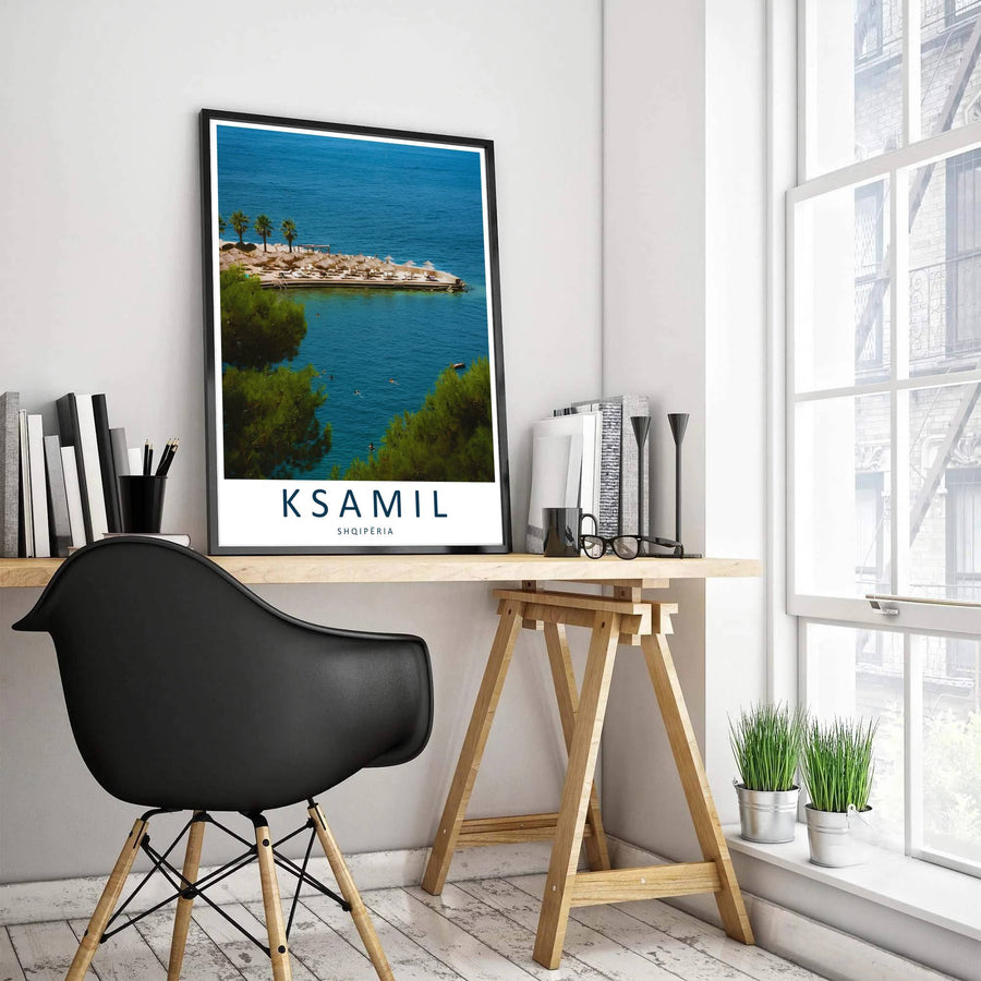 Rich pine tree foliage frames the shimmering sapphire bay of Ksamil Albania, accented by clean cartographic typography reading Ksamil Shqipëria below. MapYourDreams offers this piece printed on archival stock with options for custom frames or canvas wraps to complete your gallery wall.
