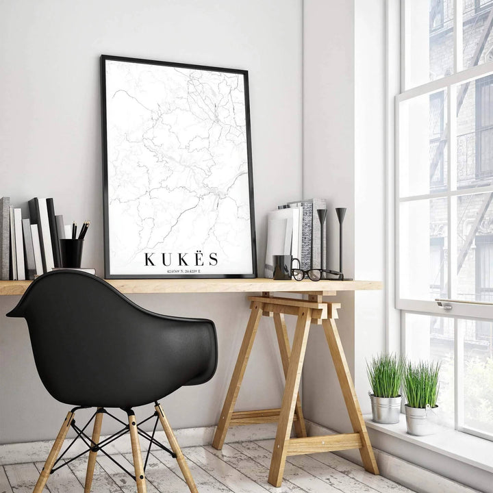 Intricate road lines and river basins form an artistic abstract map of Kukës, Albania, perfect for modern offices or living rooms. Offered in versatile formats, including unframed art paper, custom wood framing, and stretched canvas wraps to elevate your space.