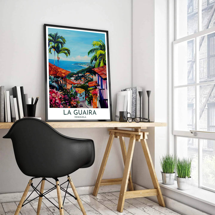 Sun-kissed beach village poster depicting colorful colonial facades and lush green palm trees overlooking the ocean in La Guaira. Created by MapYourDreams, this artwork is adaptable for any interior in unframed prints, solid wooden frames, or gallery canvas wraps.