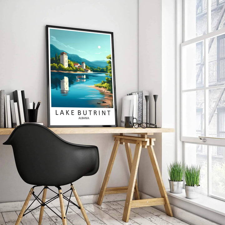 Stylized clouds drift over the luminous teal sky above Lake Butrint Albania, accented by bold sans-serif typography reading Lake Butrint Albania. MapYourDreams offers this piece printed on archival stock with options for custom frames or canvas wraps to complete your gallery wall.
