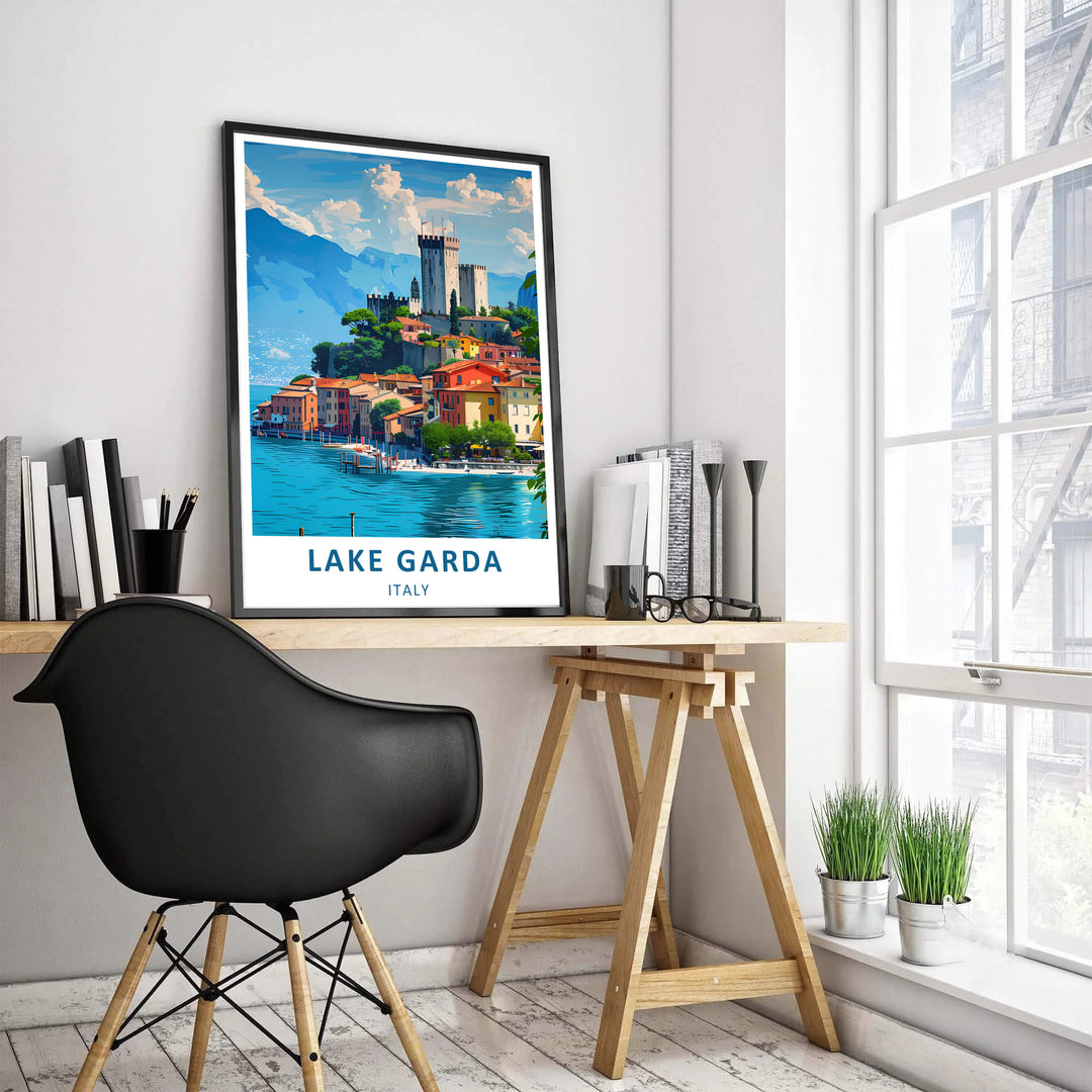 Beautiful Lake Garda wall print capturing the picturesque waterfront of Malcesine, Italy, with blue water, vibrant coastal houses, and medieval castle architecture; custom tailored as an archival unframed print, gallery-wrapped canvas print, or pre-assembled framed wall art piece.