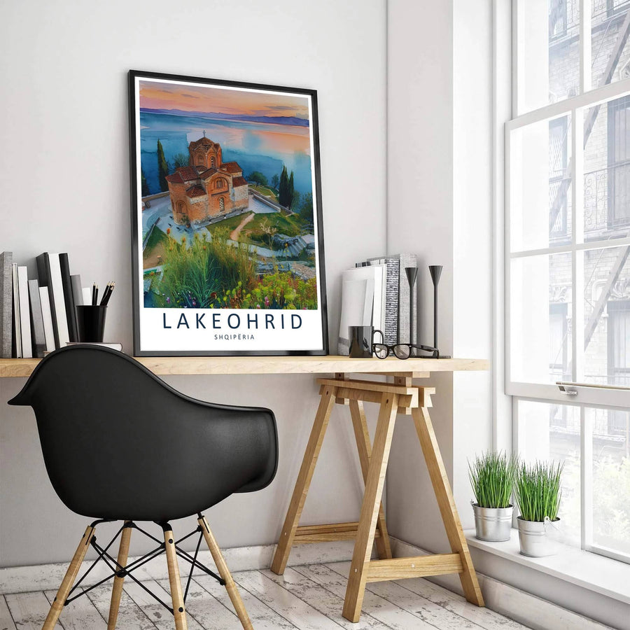 Translucent sunset washes illuminate the distant shores and tranquil waters of Lake Ohrid, accented by clean cartographic typography and native text below. MapYourDreams offers this piece printed on archival stock with options for custom frames or canvas wraps to complete your gallery wall.