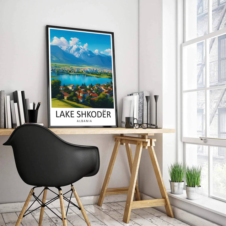Puffy cumulus clouds drift over the dramatic Accursed Mountain range above Lake Shkodër Albania, accented by bold sans-serif typography reading Lake Shkodër. MapYourDreams offers this piece printed on archival stock with options for custom frames or canvas wraps to complete your gallery wall.