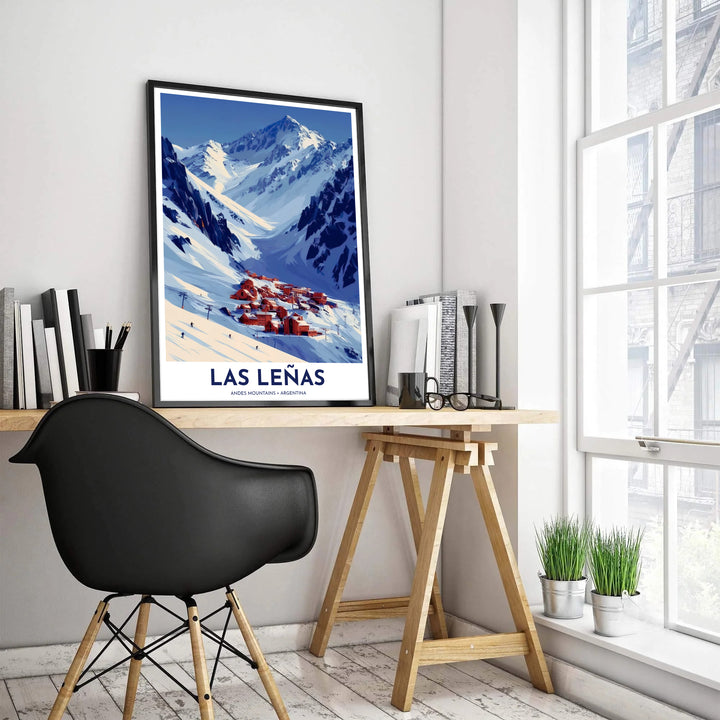 South American ski resort poster depicting the dramatic granite peaks and winter valley village of Las Leñas. Created by MapYourDreams, this artwork is adaptable for any interior in unframed prints, solid wooden frames, or gallery canvas wraps.