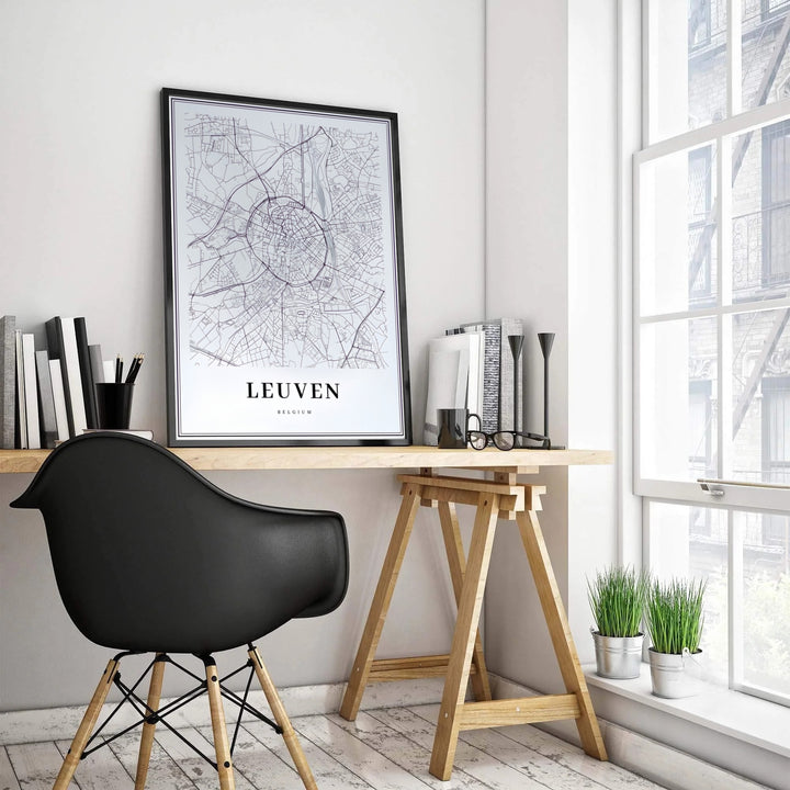 High-resolution cartographic art print showing the street plan and ring road of Leuven, Belgium. Customers can choose from several presentation options including unframed fine art paper, custom wood and metal frames, and gallery wrapped canvas wall decor.