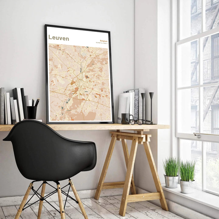 High-resolution cartographic art print showing the street plan and ring road of Leuven, Belgium in warm earth tones. Customers can choose from several presentation options including unframed fine art paper, custom wood and metal frames, and gallery wrapped canvas wall decor.
