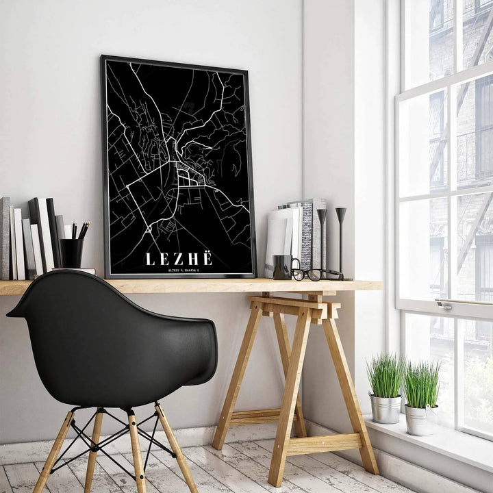 Featuring the native spelling LEZHË alongside geographic coordinates, this inverted black and white road map print celebrates northwestern Albania&