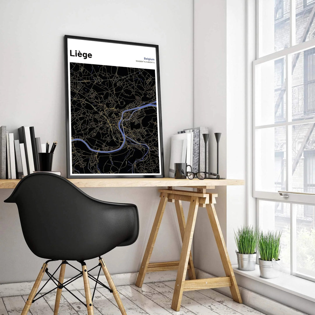 High-resolution dark cartographic art print showing the street plan and Meuse river of Liège, Belgium in gold and blue. Customers can choose from several presentation options including unframed fine art paper, custom wood and metal frames, and gallery wrapped canvas wall decor.