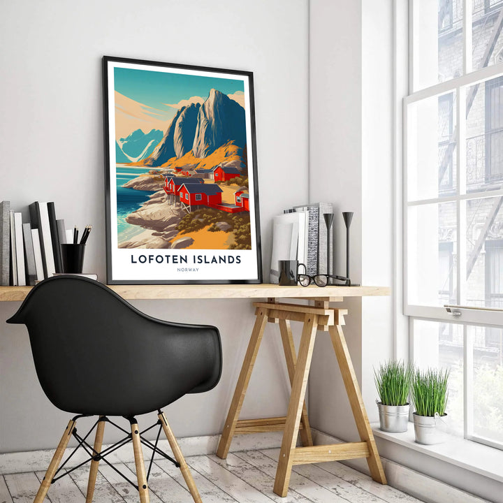 Graphic landscape illustration of Lofoten Islands Norway showing red wooden houses, rocky shorelines, and dramatic peaks. Enhance your interior layout with this versatile travel decor piece, available in custom wood framed styles, gallery quality stretched canvas panels, and unframed poster paper options.