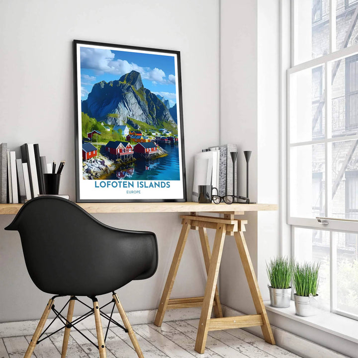 Fine art poster depicting the Scandinavian coastal village of Hamnoy in Norway with red stilt cabins and dramatic Arctic fjord scenery. Produced by MapYourDreams, this artwork is available in flexible options including unframed paper, custom wooden frames, and gallery canvas wraps for office wall decor.