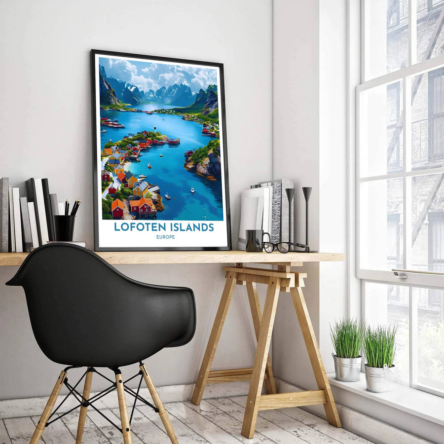 Fine art poster depicting the Scandinavian coastal village of Henningsvaer in Norway with fishing boats and dramatic Arctic fjord scenery. Produced by MapYourDreams, this artwork is available in flexible options including unframed paper, custom wooden frames, and gallery canvas wraps for office wall decor.
