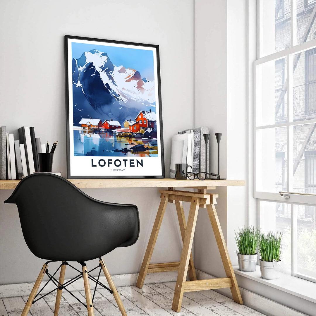 Soft watercolor landscape illustration of Lofoten Norway showing red fishing cabins, icy reflections, and majestic winter peak contours. Enhance your room layout with this versatile travel decor piece, available in custom wood framed styles, gallery quality stretched canvas panels, and unframed poster paper options.