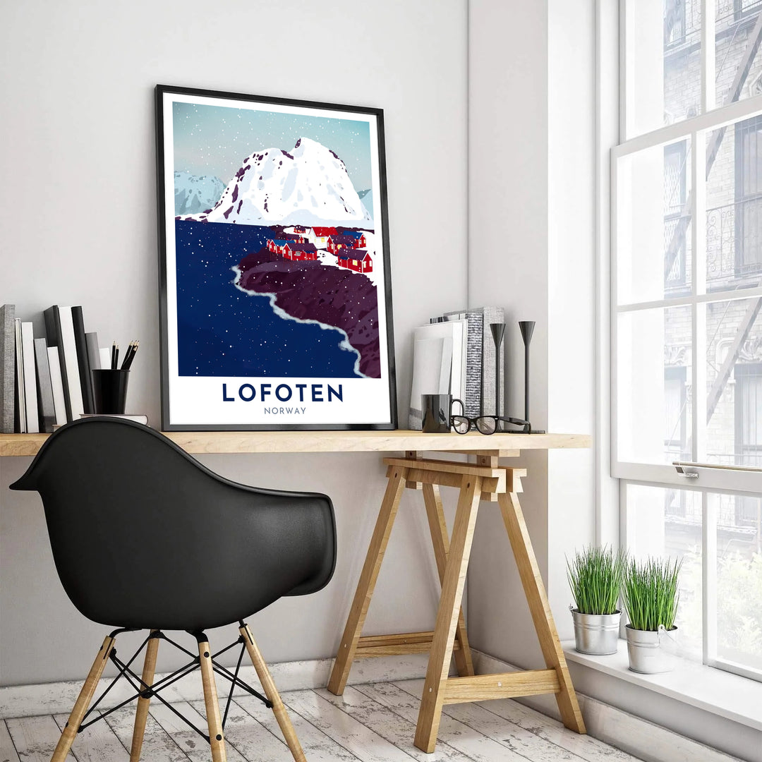 Modern vector landscape poster capturing a snow-covered mountain summit and coastal red rorbuer dwellings in Lofoten Norway. Produced by MapYourDreams, this nature artwork provides versatile presentation options such as sleek framed displays, unframed paper prints, and textured gallery wrapped canvas artwork.