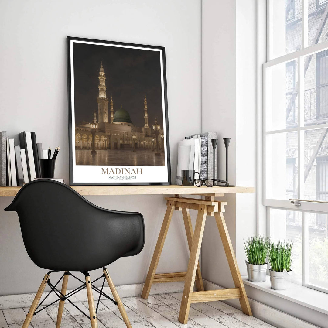 Fine art photo poster depicting Al Masjid an Nabawi courtyard in Madinah with illuminated stone columns and sleek geographic text. Produced by MapYourDreams, this artwork is available in flexible options including unframed paper, custom wooden frames, and gallery canvas wraps for office wall decor.