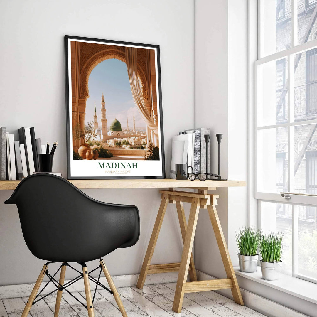 Fine art poster depicting Al Masjid an Nabawi from a shaded terrace balcony in Madinah with elegant typography and coordinates at the base. Produced by MapYourDreams, this artwork is available in flexible options including unframed paper, custom wooden frames, and gallery canvas wraps for office wall decor.