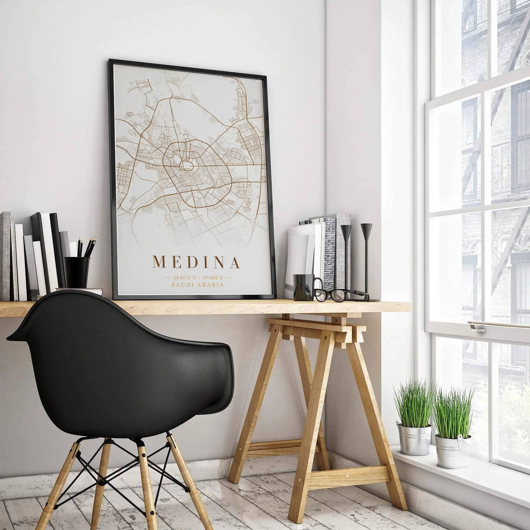 Cartographic poster depicting Medina city road network rendered in warm bronze vector line art on off-white paper stock. Produced by MapYourDreams, this artwork is available in flexible options including unframed paper, custom wooden frames, and gallery canvas wraps for office wall decor.