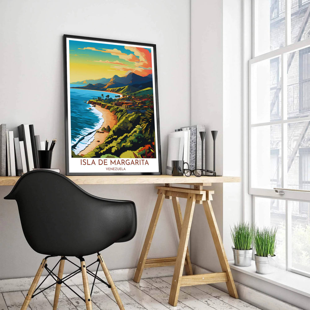 Sun-drenched coastal landscape poster depicting beachside cottages and sweeping mountain peaks in central Venezuela. Created by MapYourDreams, this artwork is adaptable for any interior in unframed prints, solid wooden frames, or gallery canvas wraps.