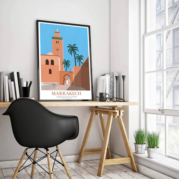 Fine art graphic poster depicting Kasbah Mosque in Marrakech Morocco with traditional street lamps and green tile minaret accents. Produced by MapYourDreams, this artwork is available in flexible options including unframed paper, custom wooden frames, and gallery canvas wraps for office wall decor.