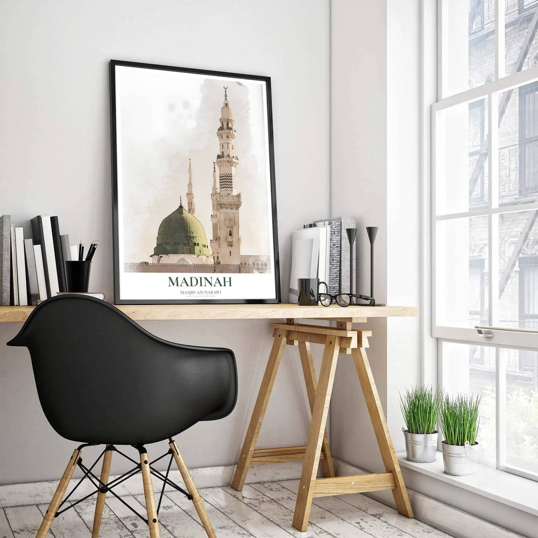 Fine art poster depicting Al Masjid an Nabawi in Medina rendered in subtle watercolor brushstrokes with elegant typography and coordinates. Produced by MapYourDreams, this artwork is available in flexible options including unframed paper, custom wooden frames, and gallery canvas wraps for office wall decor.
