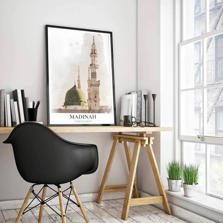 Fine art poster depicting Al Masjid an Nabawi in Medina rendered in subtle watercolor brushstrokes with elegant typography and coordinates. Produced by MapYourDreams, this artwork is available in flexible options including unframed paper, custom wooden frames, and gallery canvas wraps for office wall decor.