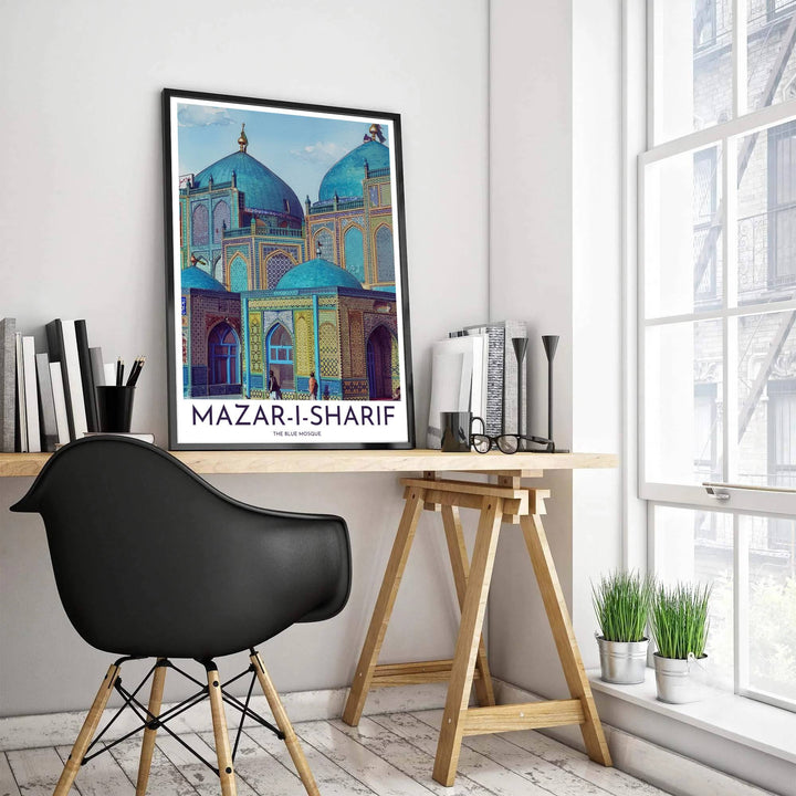 Fine art poster depicting the Mazar-i-Sharif Blue Mosque facade with detailed geometric tilework and crisp typographic lettering. Produced by MapYourDreams, this artwork is available in flexible options including unframed paper, custom wooden frames, and gallery canvas wraps for office wall decor.