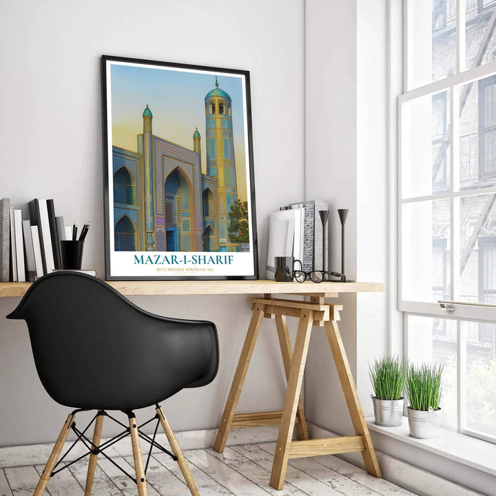 Vibrant turquoise and gold travel wall art print of the Blue Mosque in Mazar-i-Sharif Afghanistan under a warm sunset gradient sky. Designed by MapYourDreams, this artwork is available in flexible options including unframed paper, custom wooden frames, and gallery canvas wraps for home wall art.