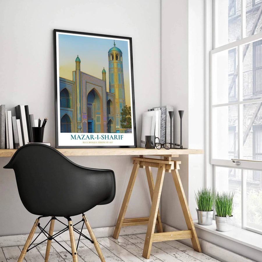 Vibrant turquoise and gold travel wall art print of the Blue Mosque in Mazar-i-Sharif Afghanistan under a warm sunset gradient sky. Designed by MapYourDreams, this artwork is available in flexible options including unframed paper, custom wooden frames, and gallery canvas wraps for home wall art.