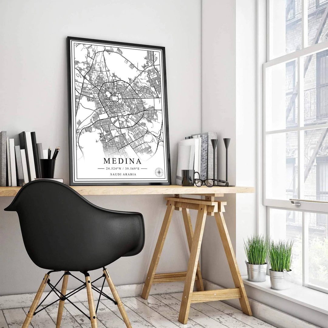 Cartographic poster depicting Medina city road network rendered in clean black vector line art on bright white archival paper stock. Produced by MapYourDreams, this artwork is available in flexible options including unframed paper, custom wooden frames, and gallery canvas wraps for office wall decor.