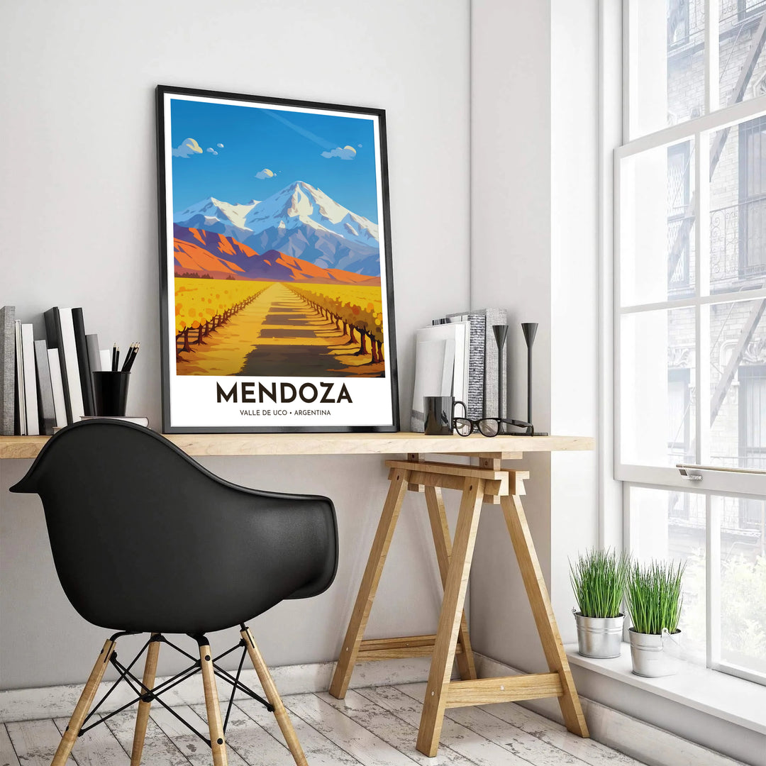 South American vineyard poster depicting sunlit golden vines and terracotta foothills in Argentina&