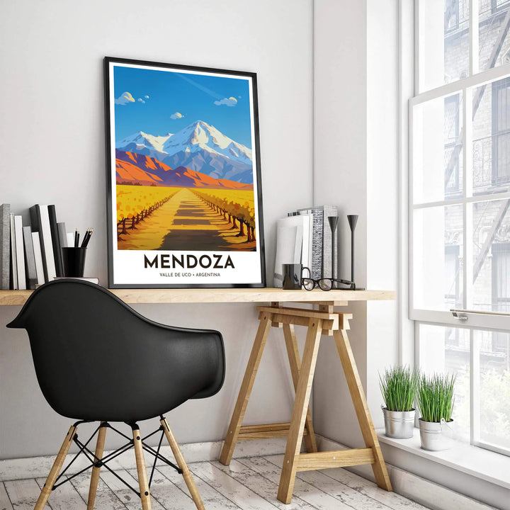 South American vineyard poster depicting sunlit golden vines and terracotta foothills in Argentina&