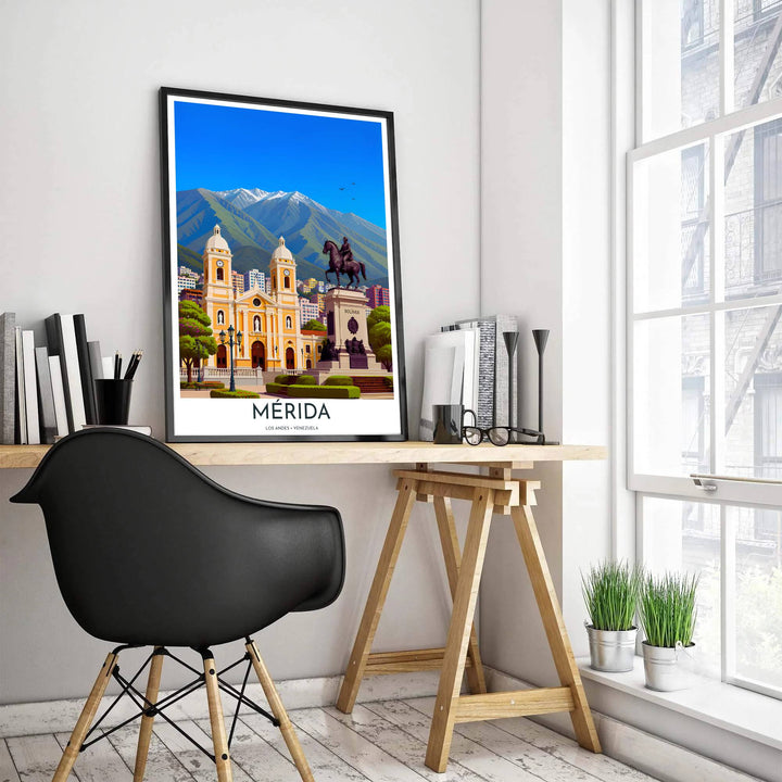 Travel poster of Mérida Venezuela showcasing the twin-towered cathedral, bronze Simón Bolívar equestrian statue, and blue alpine sky. Presented by MapYourDreams, this piece comes in flexible choices such as unframed paper stock, custom frames, and gallery canvas wraps.