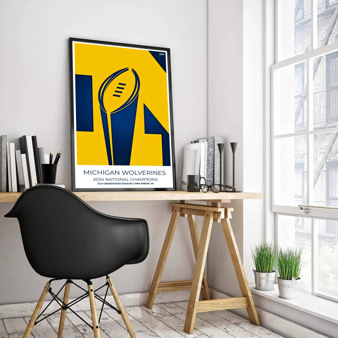 Geometric vector poster depicting the College Football Playoff national championship trophy in Michigan Wolverines colors. Produced by MapYourDreams, this artwork is available in flexible options including unframed paper, custom wooden frames, and gallery canvas wraps for office wall decor.