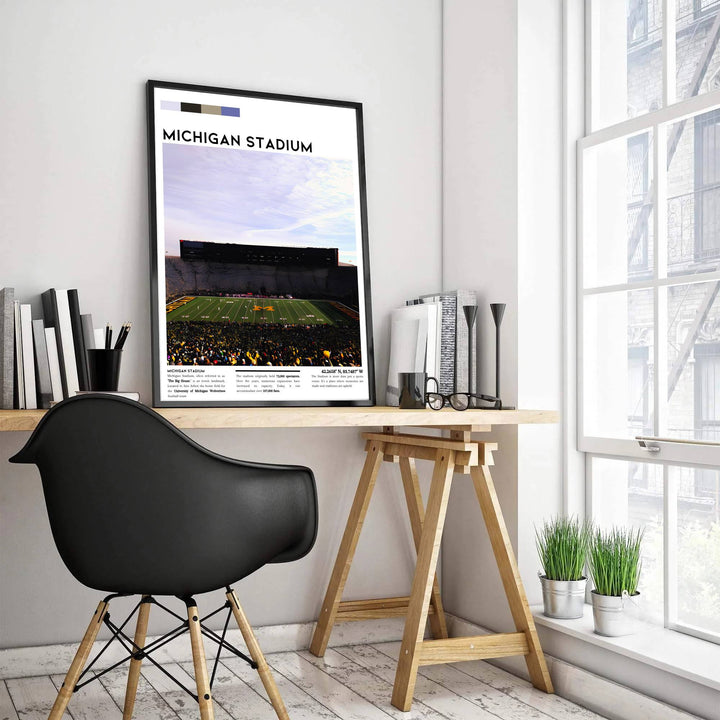 Fine art sports print of Michigan Stadium in Ann Arbor printed on premium 220gsm professional matte archival paper. Distributed by MapYourDreams, this artwork is available in flexible options including unframed paper, custom wooden frames, and gallery canvas wraps for stylish wall decor.