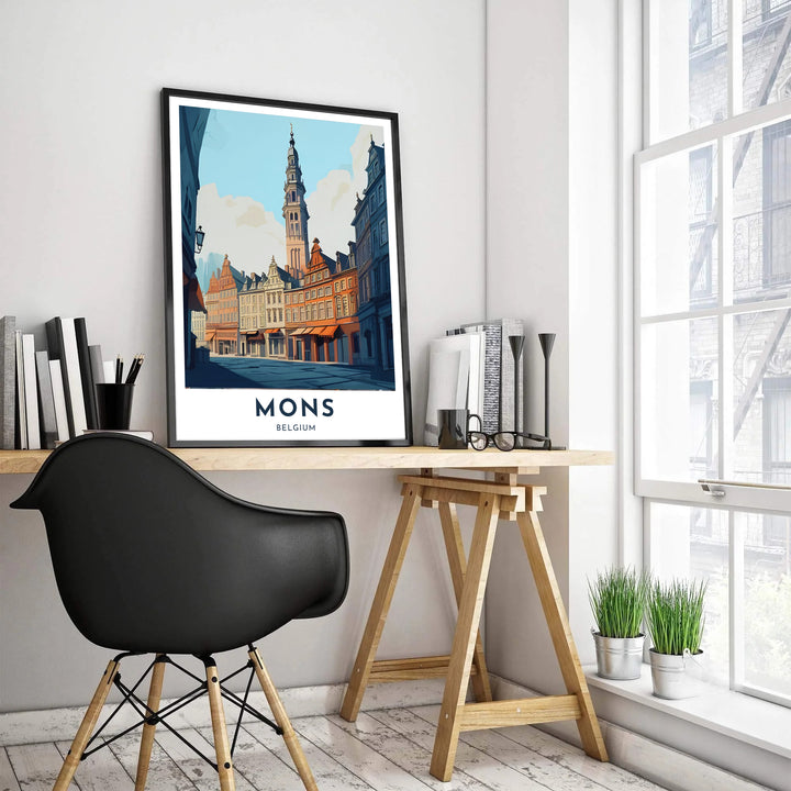 High-resolution artistic poster showing warm afternoon light on historic townhouses and the central belfry in Mons, Belgium. Customers can choose from several presentation options including unframed fine art paper, custom wood and metal frames, and gallery wrapped canvas wall decor.