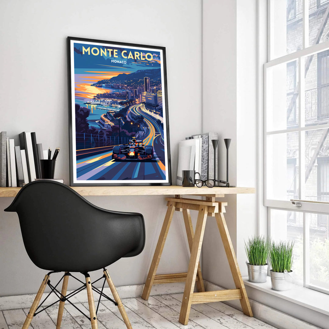 Scenic coastal artwork depicting the Monaco Grand Prix in Monte Carlo with vivid purple shadows and dynamic light streaks along the highway, bringing the glamour of the French Riviera into your space; offered in flexible display choices including framed, unframed, and canvas prints.