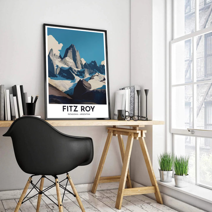Elegant mountain travel art print capturing the quiet majesty and geometric rock faces of Mount Fitz Roy. Offered by MapYourDreams, customers can choose between standalone paper prints, ready-to-hang wooden frames, and gallery canvas wraps.