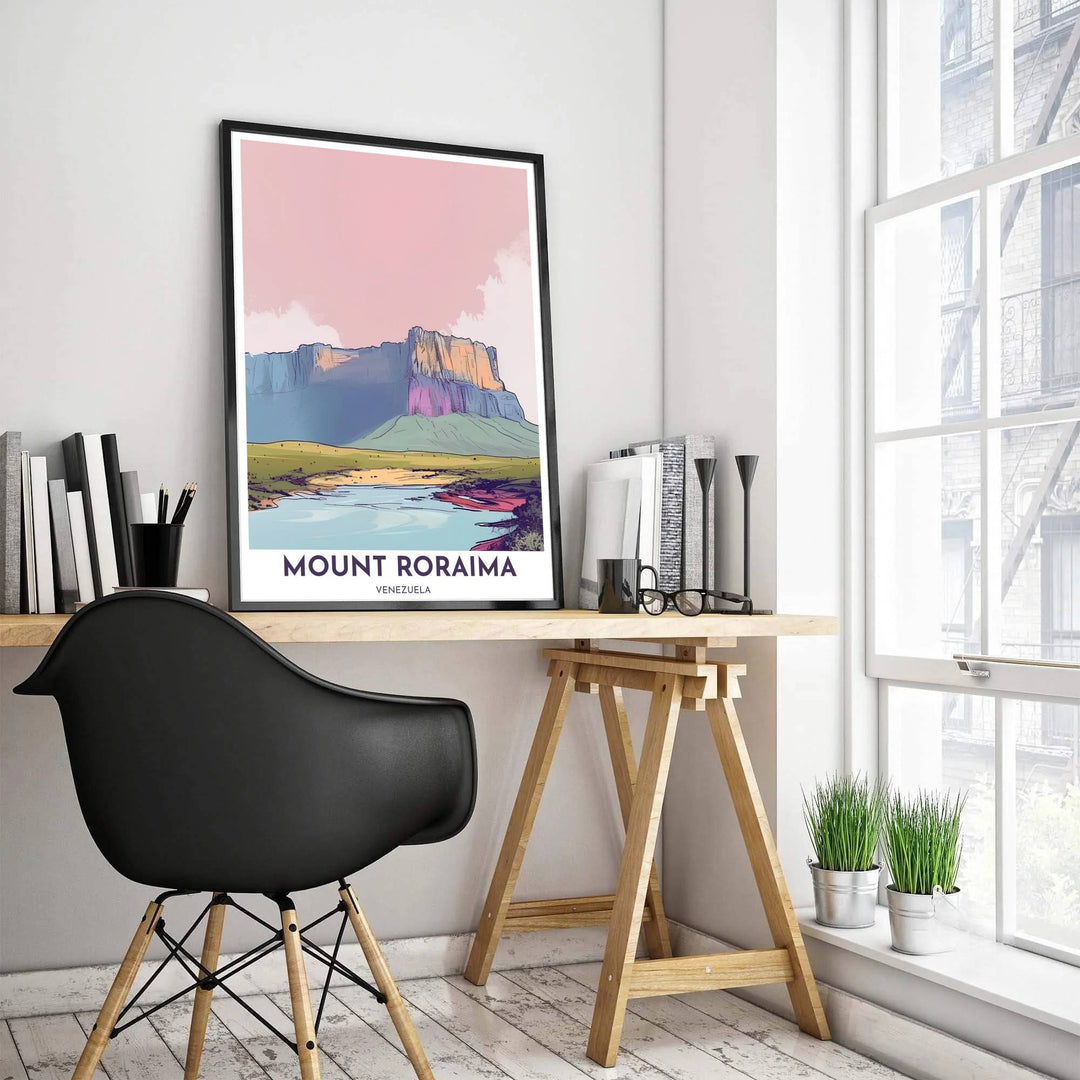 Elegant South American mountain landscape poster depicting soft sunset gradients and tranquil river reflections in Venezuela. Created by MapYourDreams, this artwork is adaptable for any interior in unframed prints, solid wooden frames, or gallery canvas wraps.
