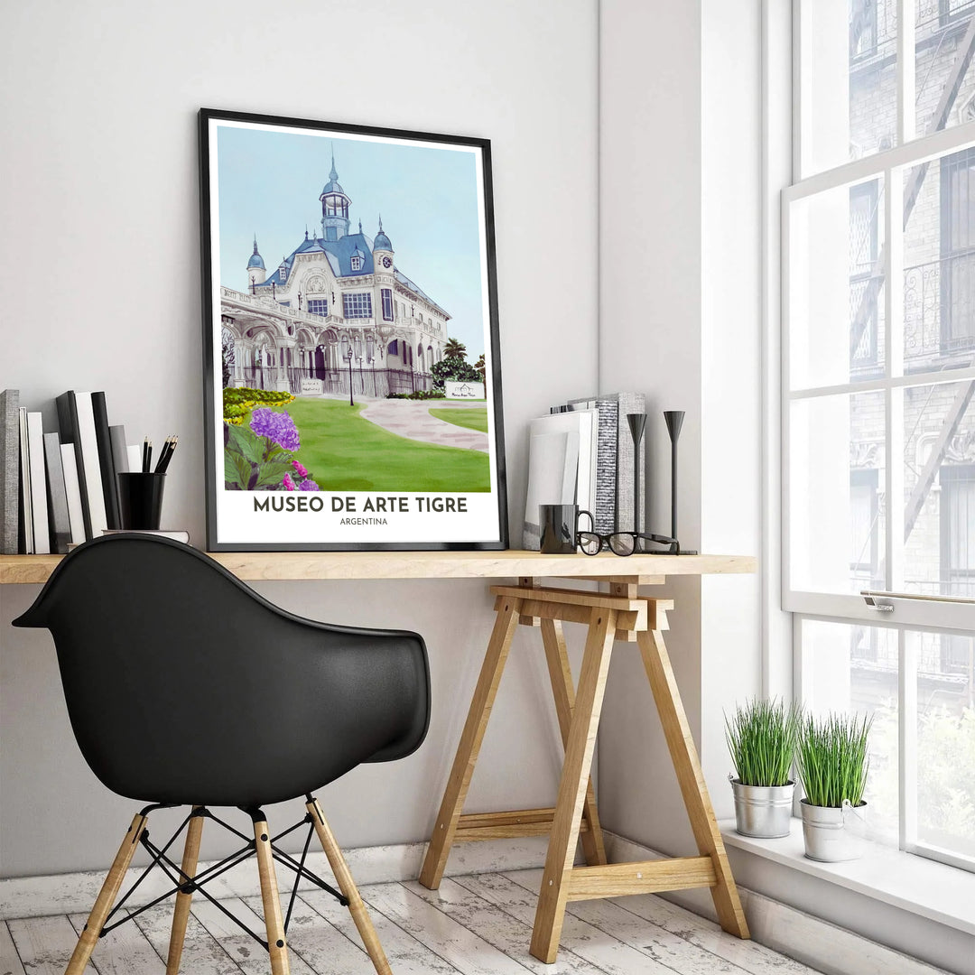 South American historic architecture poster depicting the famous Museo de Arte Tigre in Greater Buenos Aires, Argentina. Created by MapYourDreams, this artwork is adaptable for any interior in unframed prints, solid wooden frames, or gallery canvas wraps.