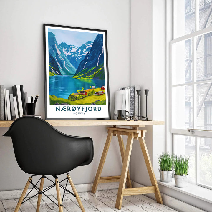 Colorful summer nature illustration of Nærøyfjord Norway showing a peaceful coastal hamlet surrounded by towering mountain heights. Upgrade your space layout with this travel decor piece, available in custom wood framed styles, gallery quality stretched canvas panels, and unframed poster paper options.