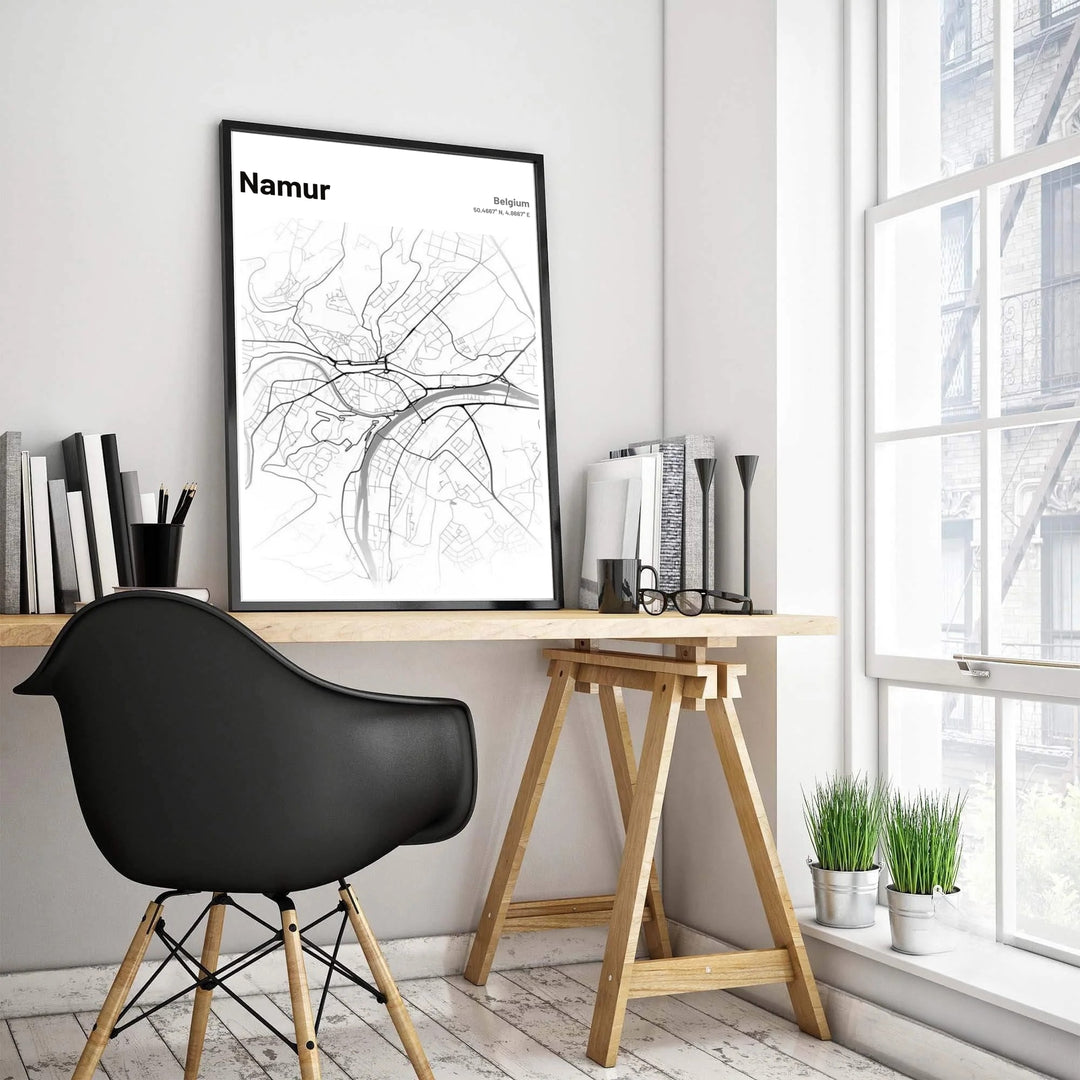 Contemporary street map artwork showcasing the intricate river channels and urban street network of Namur, Belgium, with elegant header typography. Offered by MapYourDreams, this artwork is available in flexible options including unframed paper, custom wooden frames, and gallery canvas wraps.