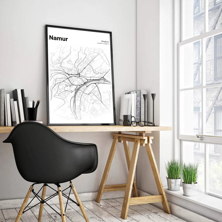 Contemporary street map artwork showcasing the intricate river channels and urban street network of Namur, Belgium, with elegant header typography. Offered by MapYourDreams, this artwork is available in flexible options including unframed paper, custom wooden frames, and gallery canvas wraps.